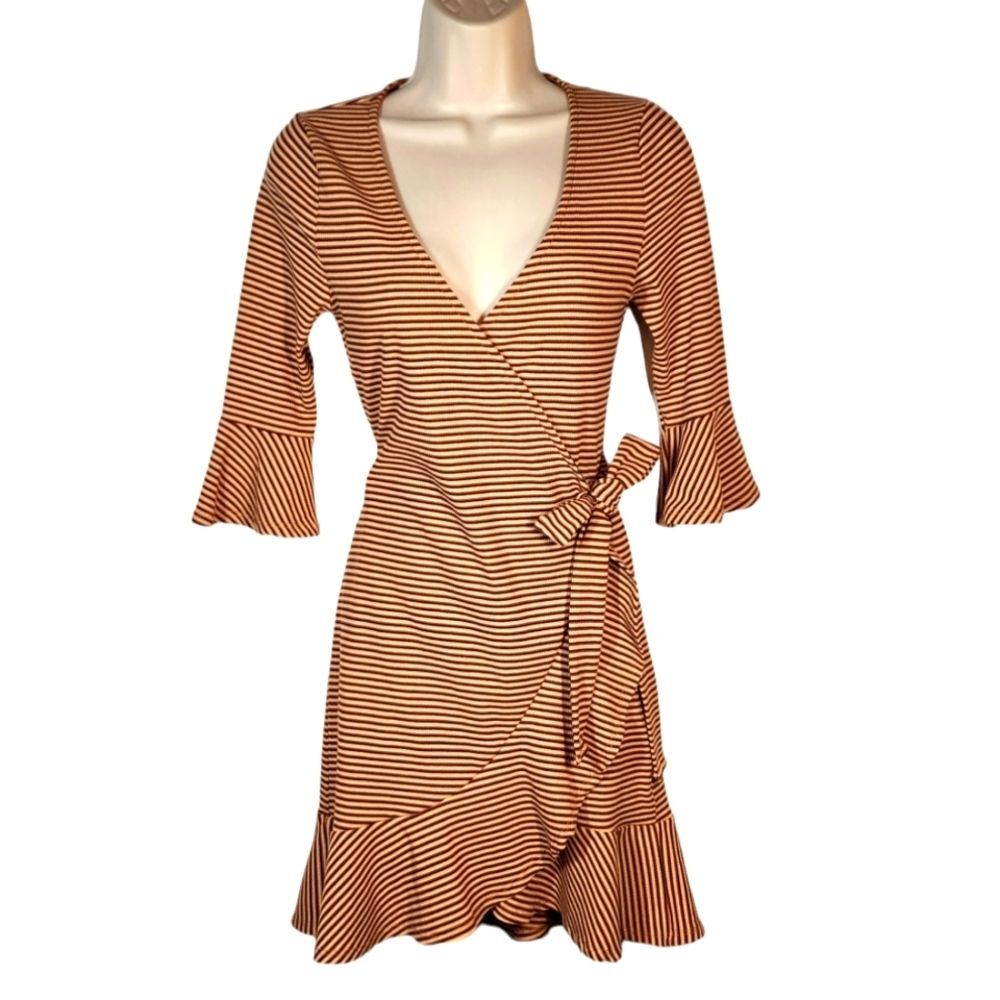 Storia Wrap Dress Ruffle Bell Sleeve Twee Preppy Y2K Mini Stretch Cream Brown  S